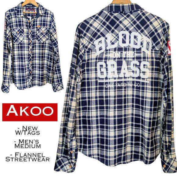 New Akoo Urban Blue Plaid ACFL Flannel Button Shirt Medium BLOOD ON THE GRASS - Picture 1 of 12